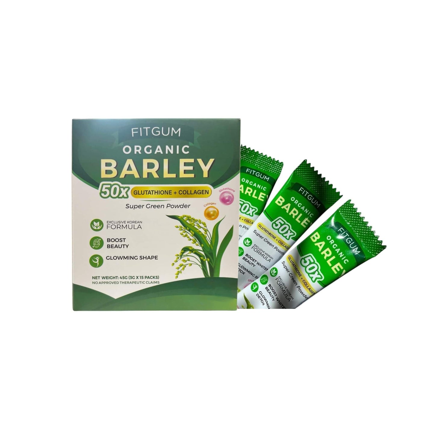 FitGum Organic Barley 50x packaging with green packets on a white background
