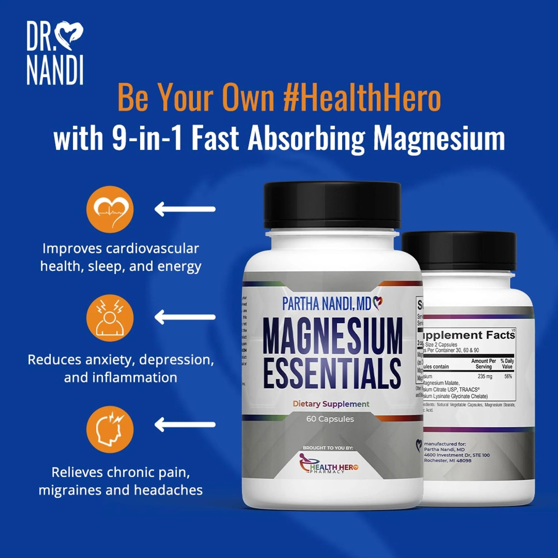 Triple Magnesium Citrate, Malate & Glycinate Complex Supplement – Supports Sleep, Stress, Muscle, Nerve & Heart Health – Advanced High-Absorption Formula – 235mg – 60 Capsules Partha Nandi, MD buy supplements Au