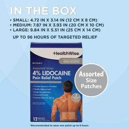 HealthWise Lidocaine Pain Patch | 4% OTC Lidocaine | 12-Count Assorted Sizes | Paraben-Free Formula | Temporarily Soothes Minor Aches and Pains | Unscented | Flexible Application HealthWiseBuy Supplements Australia