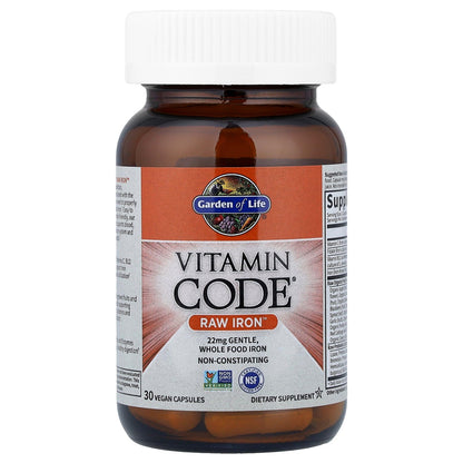 Garden of Life Vitamin Code Raw Iron Supplement - 30 Vegan Capsules, 22mg Once Daily Iron, Vitamins C, B12, Folate, Fruit, Veggies & Probiotics, Iron Supplements for Women, Energy & Anemia Support Garden of Life buy supplements Au