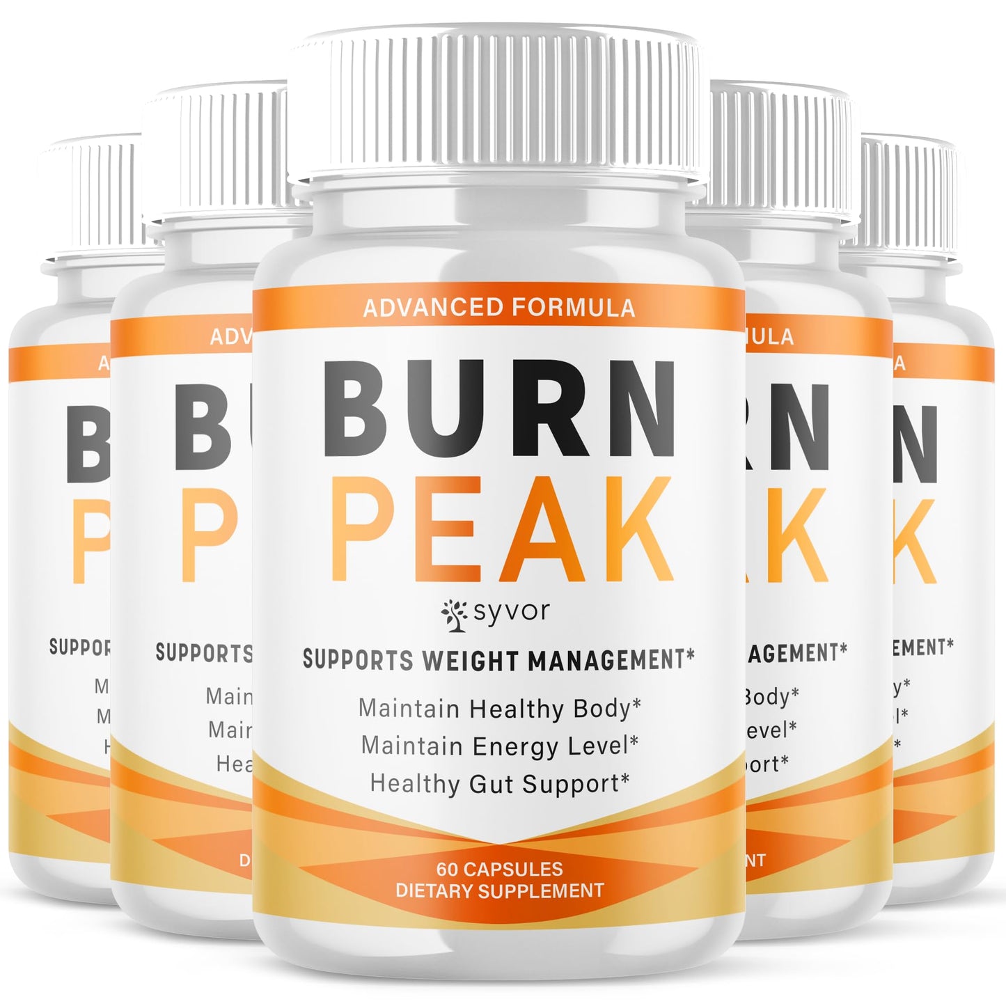 Multiple bottles of Burn Peak dietary supplement with white and orange labels on a white background.