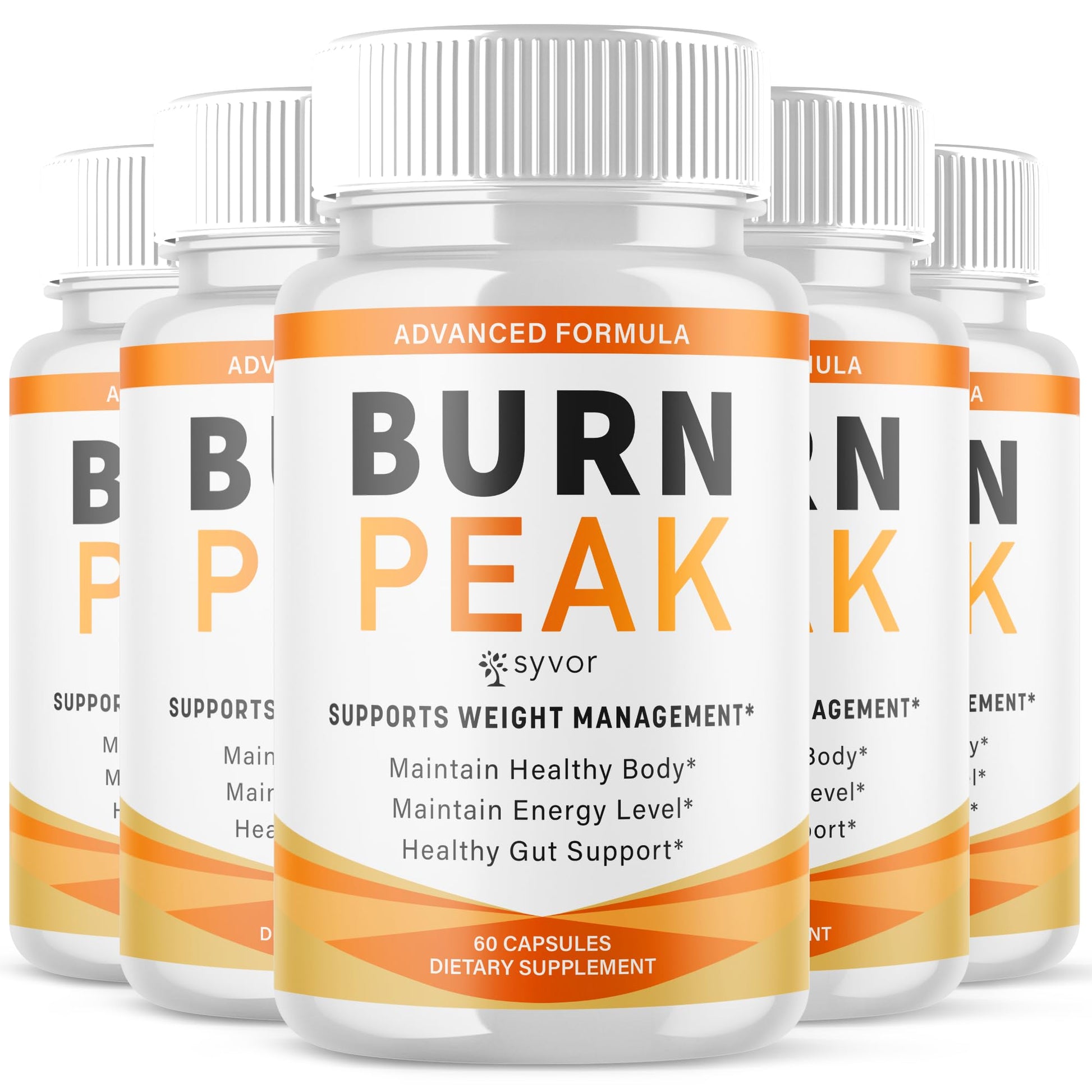 Multiple bottles of Burn Peak dietary supplement with white and orange labels on a white background.