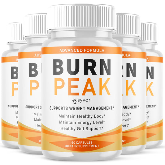Multiple bottles of Burn Peak dietary supplement with white and orange labels on a white background.