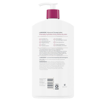 Lubriderm Advanced Therapy Fragrance-Free Moisturizing Hand & Body Lotion + Pro-Ceramide, Intense Hydration for Itchy