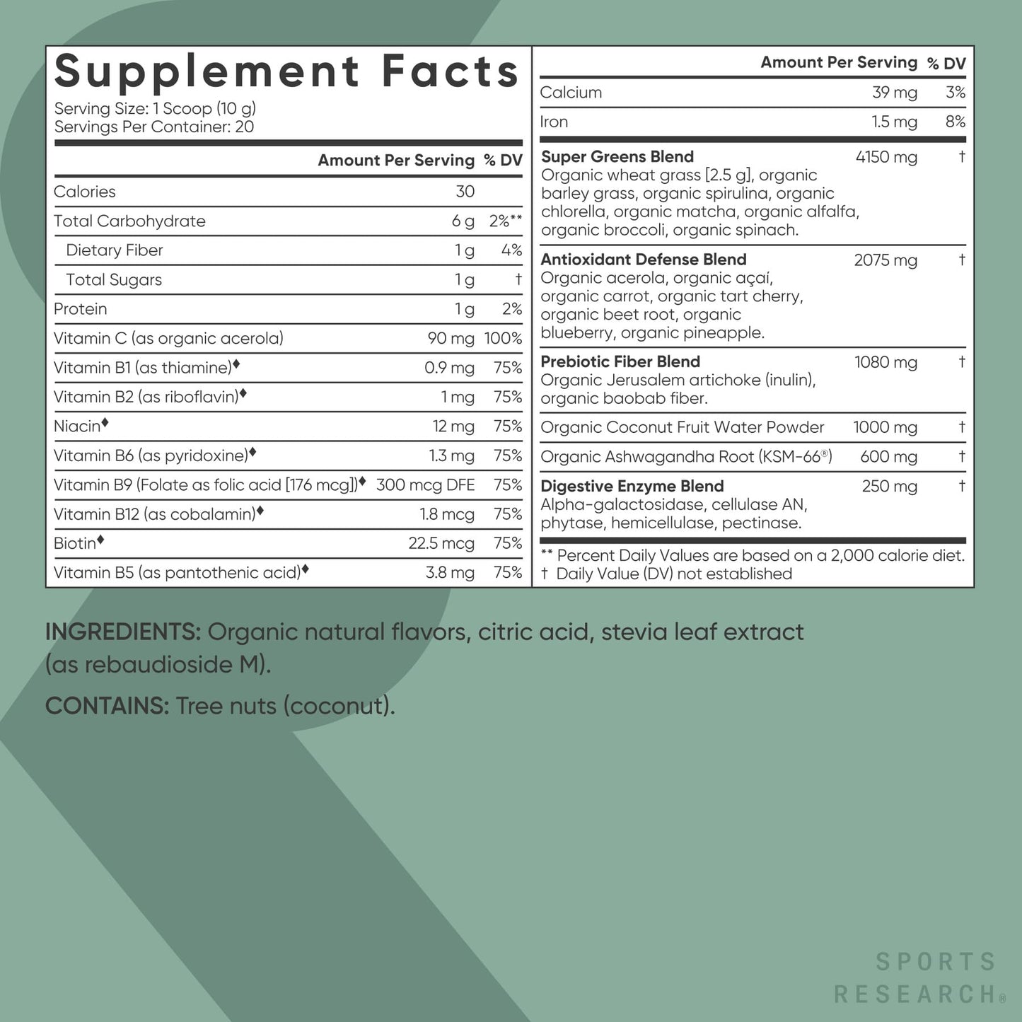 Sports Research® Organic Greens Superfood Powder w/Spirulina & Chlorella, Adaptogens, Enzymes, Probiotics & 8 VIT Bs for Gut & Mood Support* - Vegan, Sugar-Free & Low-Cal Original 20 Servings Sports Research buy supplements Au