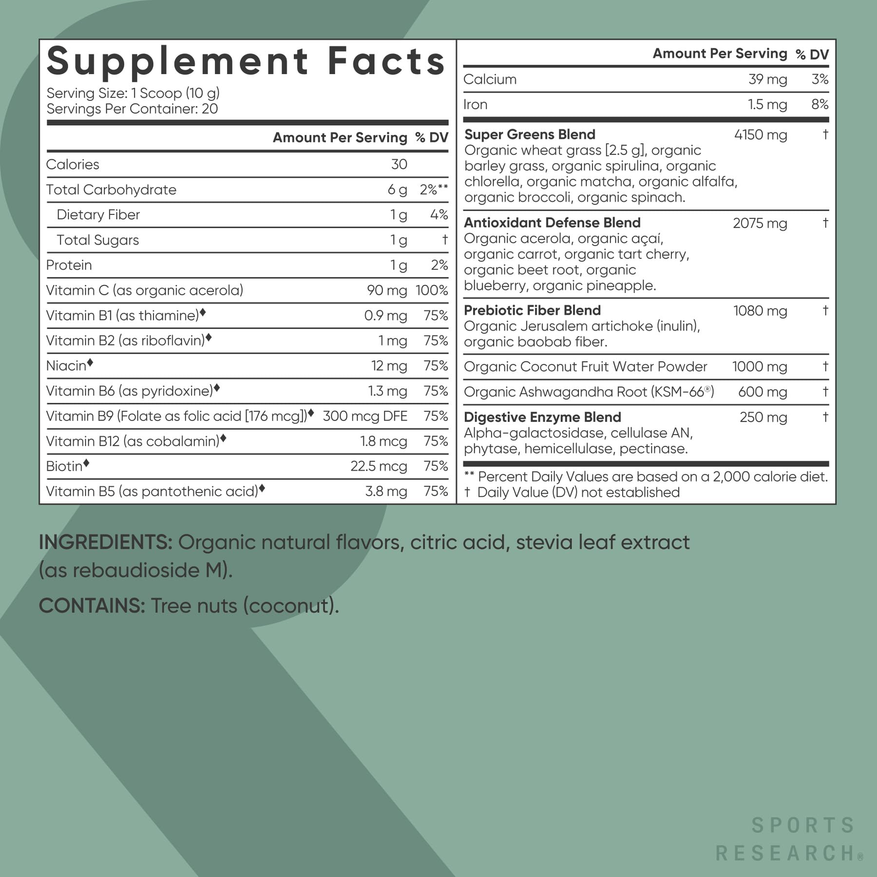 Sports Research® Organic Greens Superfood Powder w/Spirulina & Chlorella, Adaptogens, Enzymes, Probiotics & 8 VIT Bs for Gut & Mood Support* - Vegan, Sugar-Free & Low-Cal Original 20 Servings Sports Research buy supplements Au