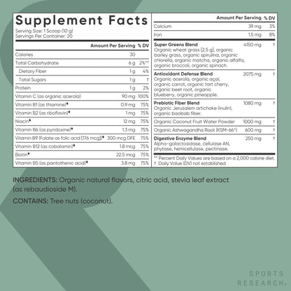 Sports Research® Organic Greens Superfood Powder w/Spirulina & Chlorella, Adaptogens, Enzymes, Probiotics & 8 VIT Bs for Gut & Mood Support* - Vegan, Sugar-Free & Low-Cal Original 20 Servings Sports Research buy supplements Au