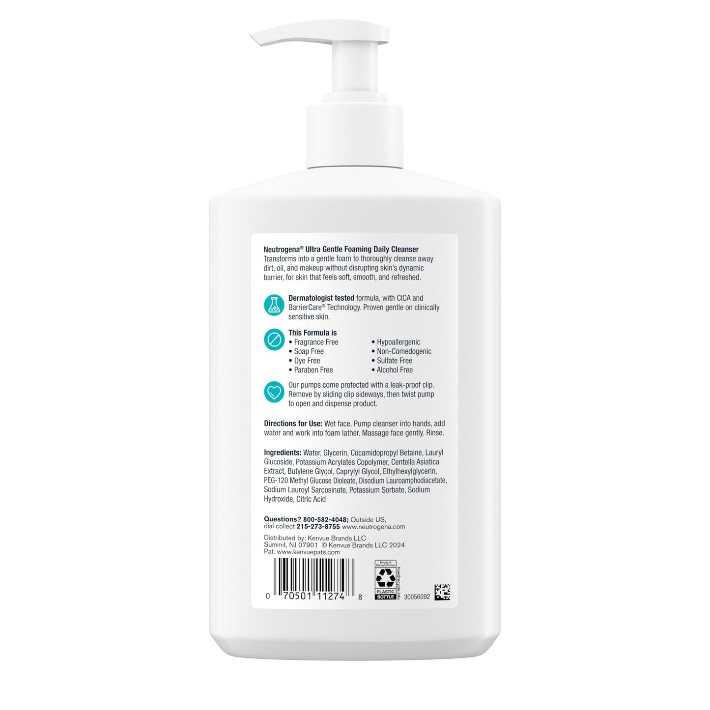 Neutrogena Ultra Gentle Foaming Facial Cleanser, Fragrance Free Hydrating Face Wash for Sensitive Skin, Daily Non Over Drying Makeup Remover