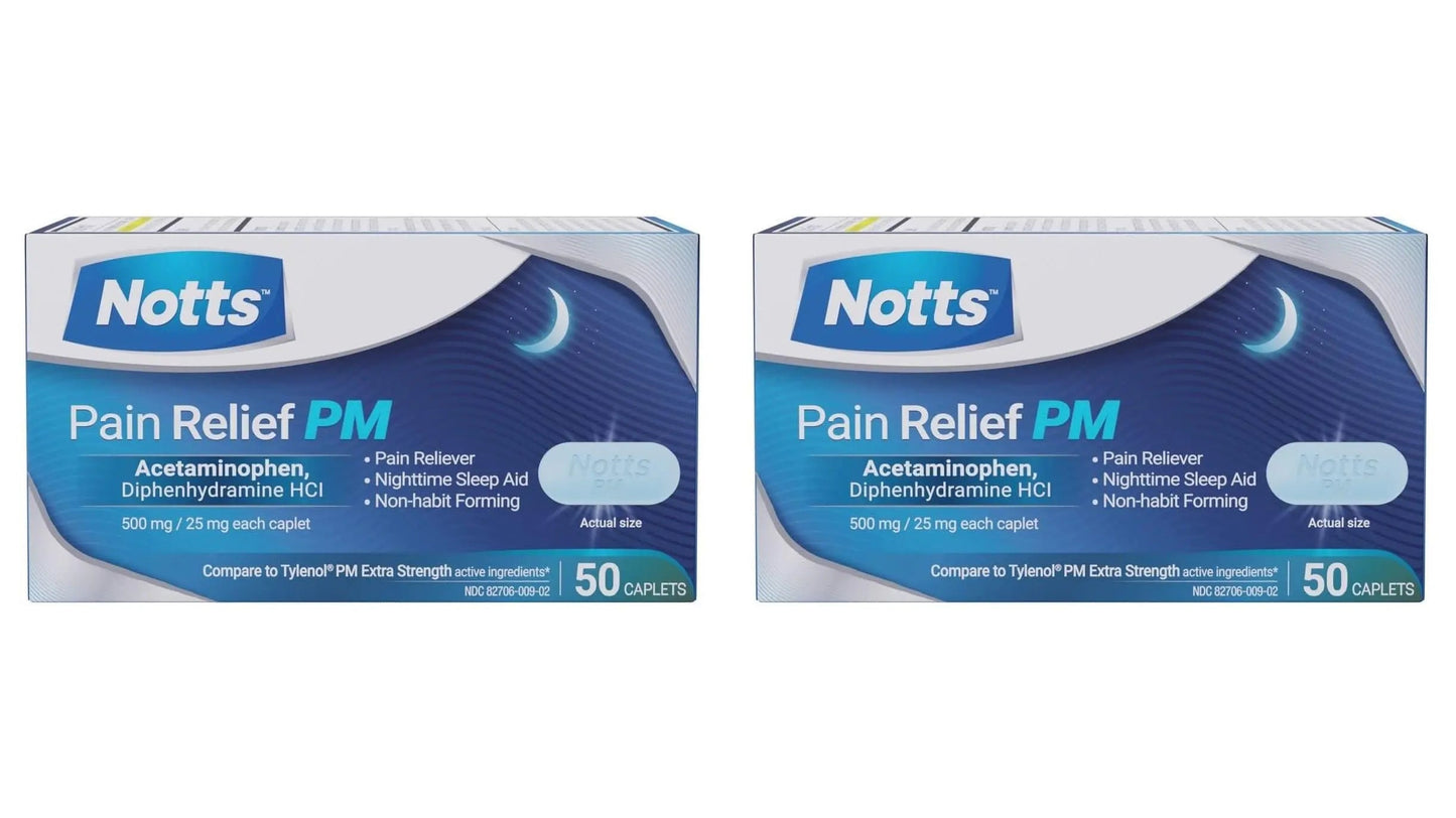 NOTTS PM Extra Strength Pain Relief & Sleep Aid, 500mg Acetaminophen & 25mg Diphenhydramine HCl, 50 Caplets for Nighttime Aches, Headaches & Body Pain, Non-Habit Forming (Pack of 2) NOTTSBuy Supplements Australia