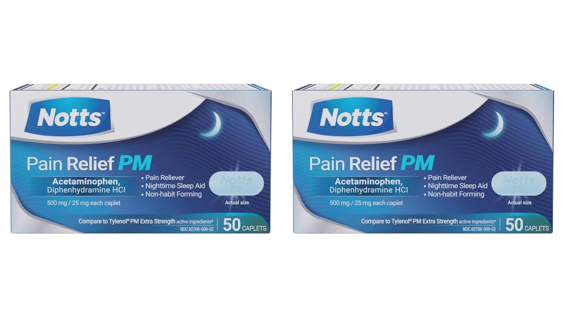 NOTTS PM Extra Strength Pain Relief & Sleep Aid, 500mg Acetaminophen & 25mg Diphenhydramine HCl, 50 Caplets for Nighttime Aches, Headaches & Body Pain, Non-Habit Forming (Pack of 2) NOTTSBuy Supplements Australia