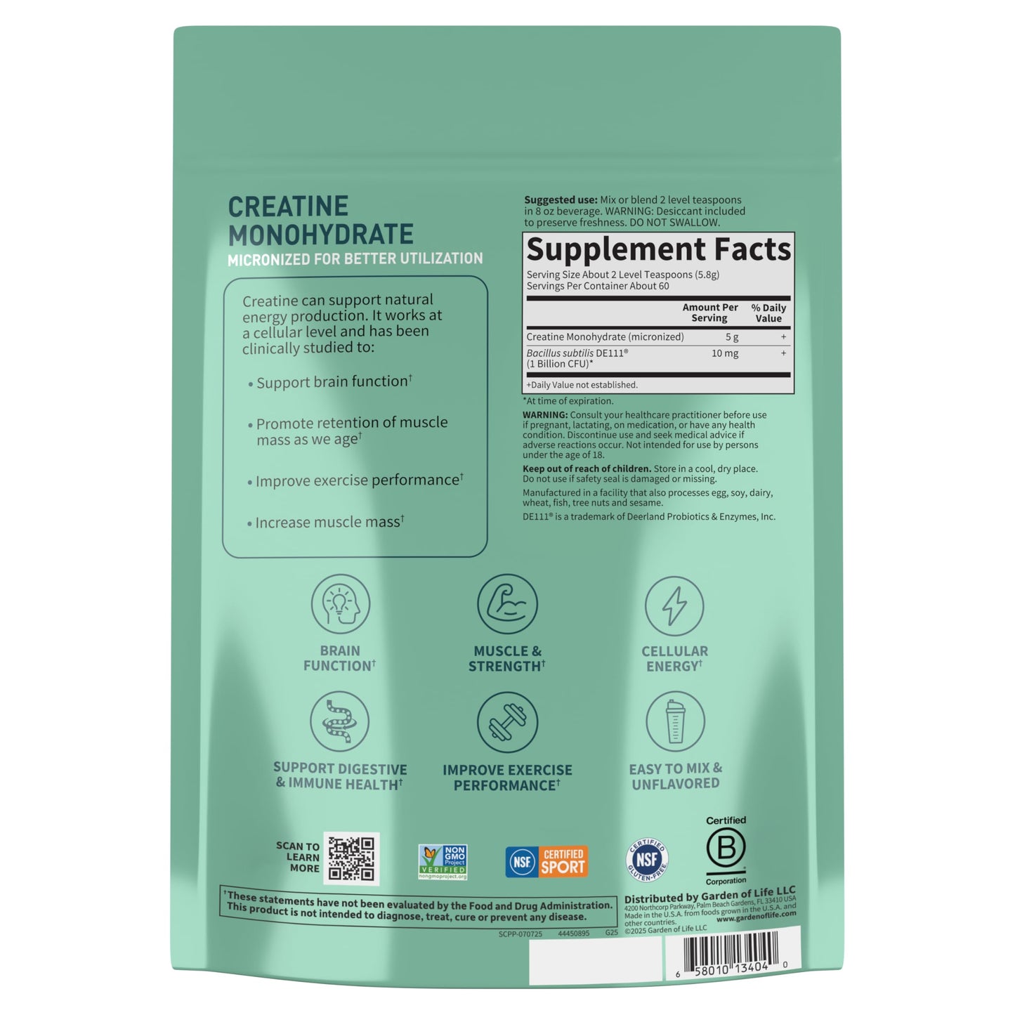 Creatine Monohydrate Powder for Women and Men by Garden of Life, Micronized Pre Workout with Probiotics for Muscle, Strength, Performance, Sport Amino Energy,