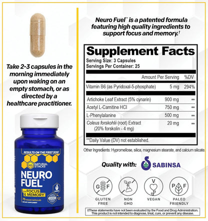 NATURAL STACKS Original NeuroFuel Nootropic Brain Support Supplement - 750mg L-Carnitine & 500mg L-Phenylalanine - Brain Supplement for Memory and Focus* - 75 Focus Pills NATURAL STACKS buy supplements Au