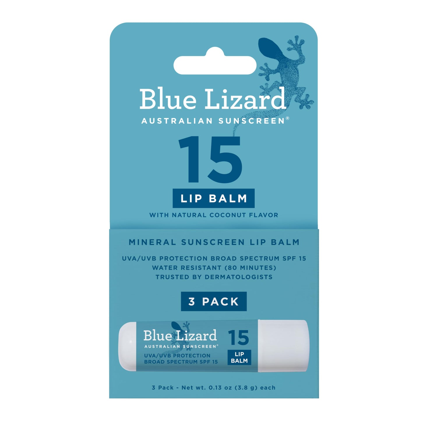 BLUE LIZARD Mineral SPF 15 Lip Balm, 3-Pack: Broad Spectrum Sun Protection, Natural Coconut Flavor, 8 Natural Oils
