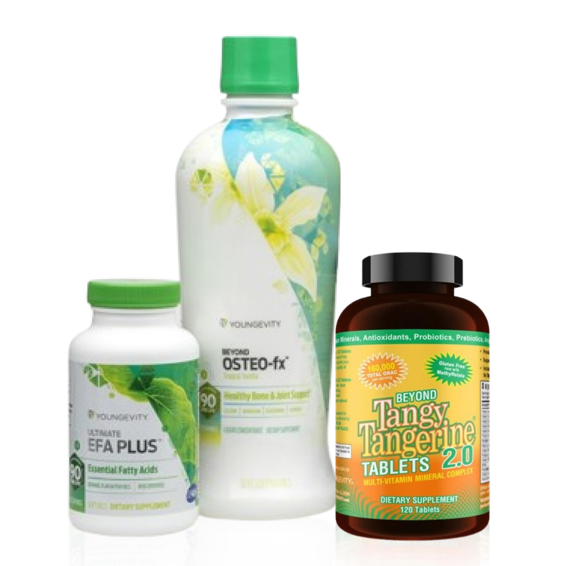 Three supplement bottles on a white background