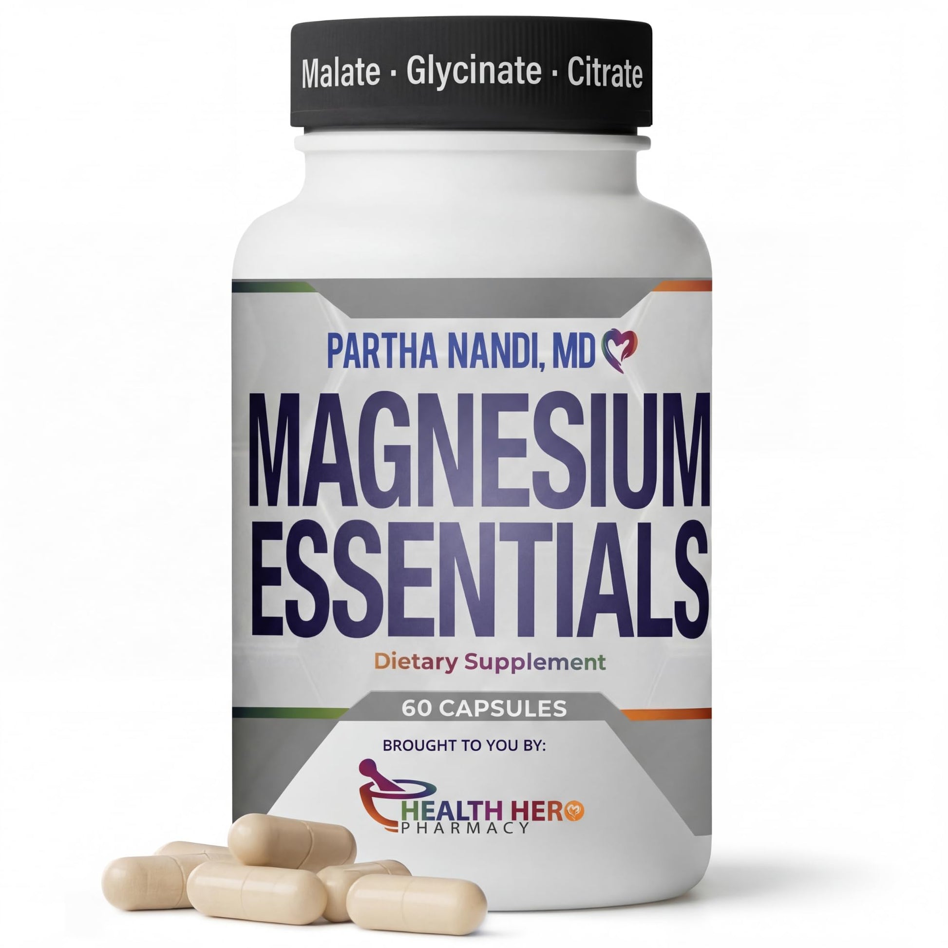 Supplement bottle labeled 'Magnesium Essentials' by Partha Nandi, MD on a white background.