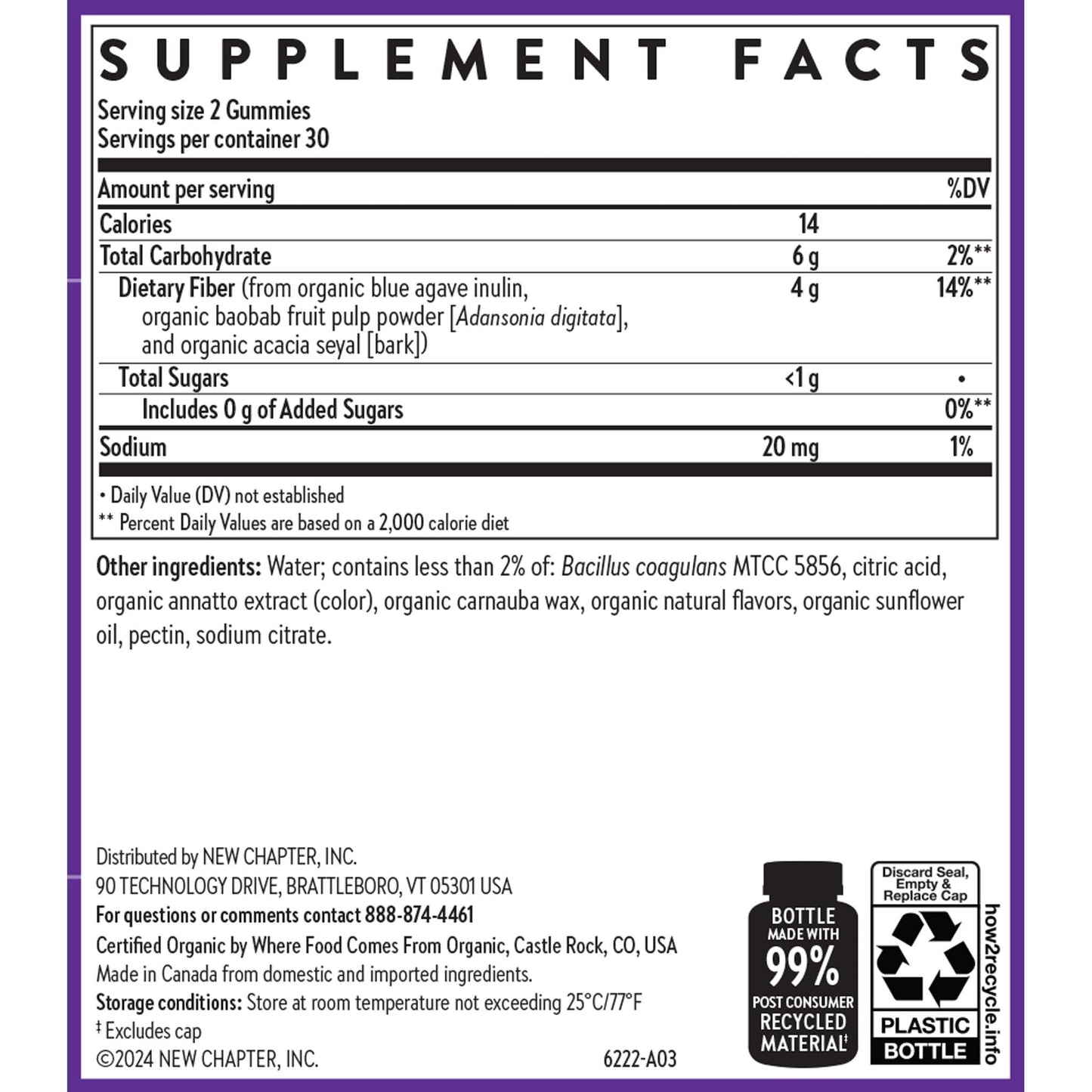 New Chapter Organic Fiber Gummies for Adults & Kids (Age 4+), Plant-Based Prebiotic Fiber for Digestive Health, Vegan, Non-GMO, USDA Organic