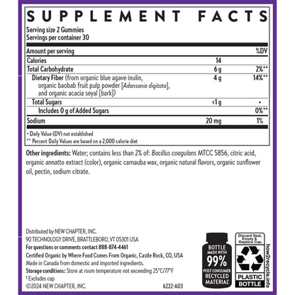 New Chapter Organic Fiber Gummies for Adults & Kids (Age 4+), Plant-Based Prebiotic Fiber for Digestive Health, Vegan, Non-GMO, USDA Organic