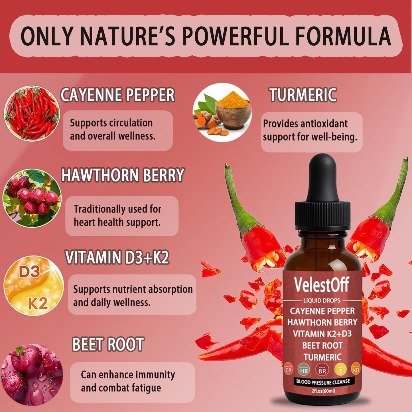 Velestoff Cayenne Pepper & Cayenne Pepper Drops Liquid Supplement with Hawthorn, Beet Root, Turmeric, Vitamin K2 D3 Nutralis buy supplements Au