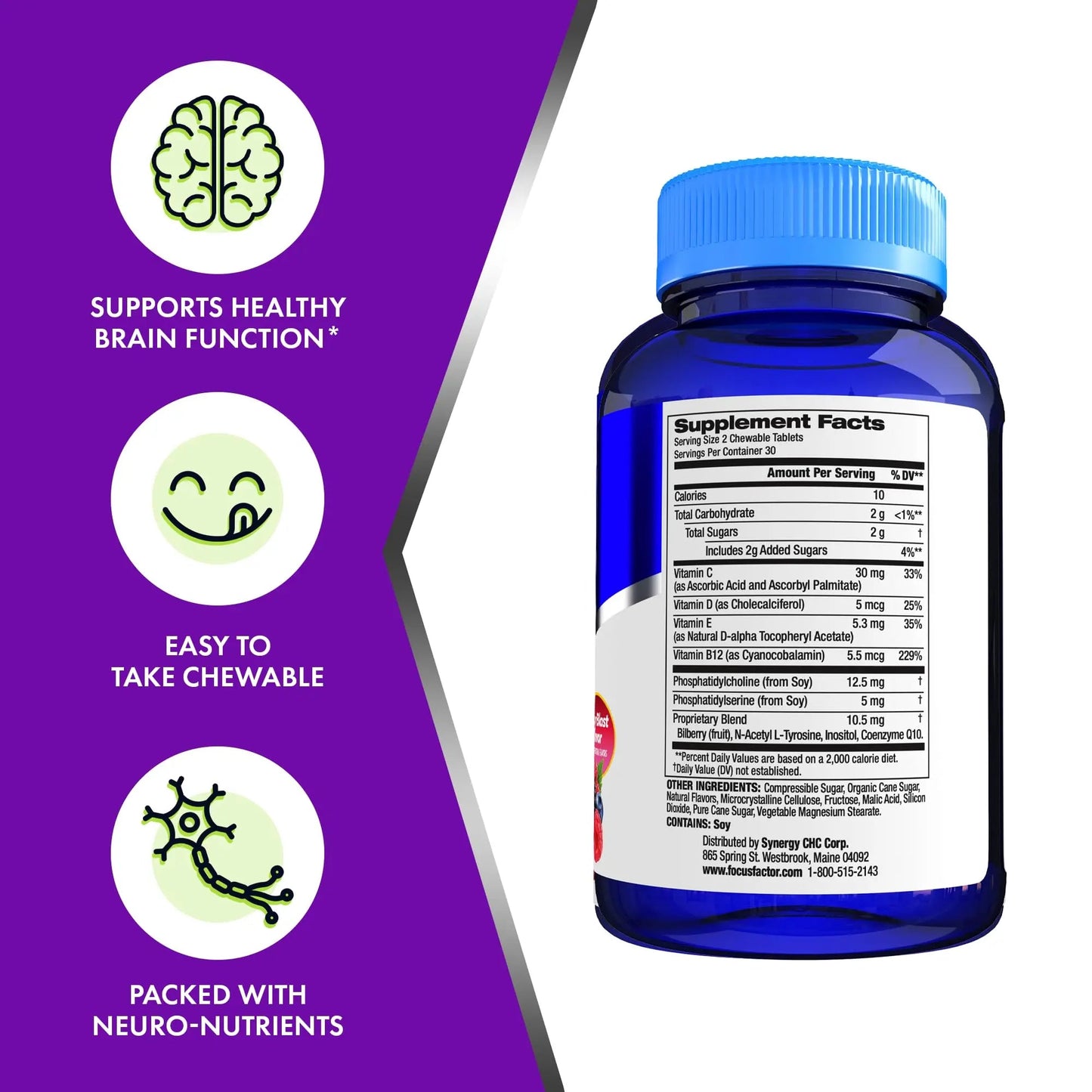 Focus Factor Kids Complete Daily Chewable Vitamins: Multivitamin & Neuro Nutrient (Brain Function) w/Vitamin B12, C, D3-60 Count Focus Factor