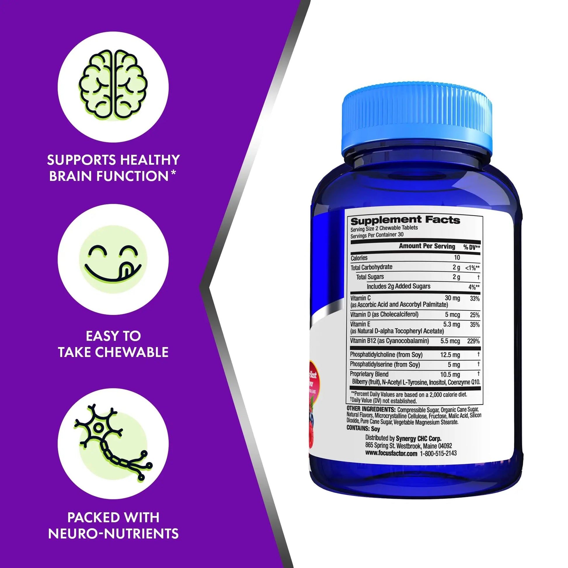Focus Factor Kids Complete Daily Chewable Vitamins: Multivitamin & Neuro Nutrient (Brain Function) w/Vitamin B12, C, D3-60 Count Focus Factor