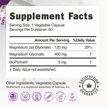 Pure Magnesium Glycinate 400mg - 5X Higher Absorption - Support Stress Relief, Sleep, Bone Health - 100% Chelated - Pure Magnesium Supplement