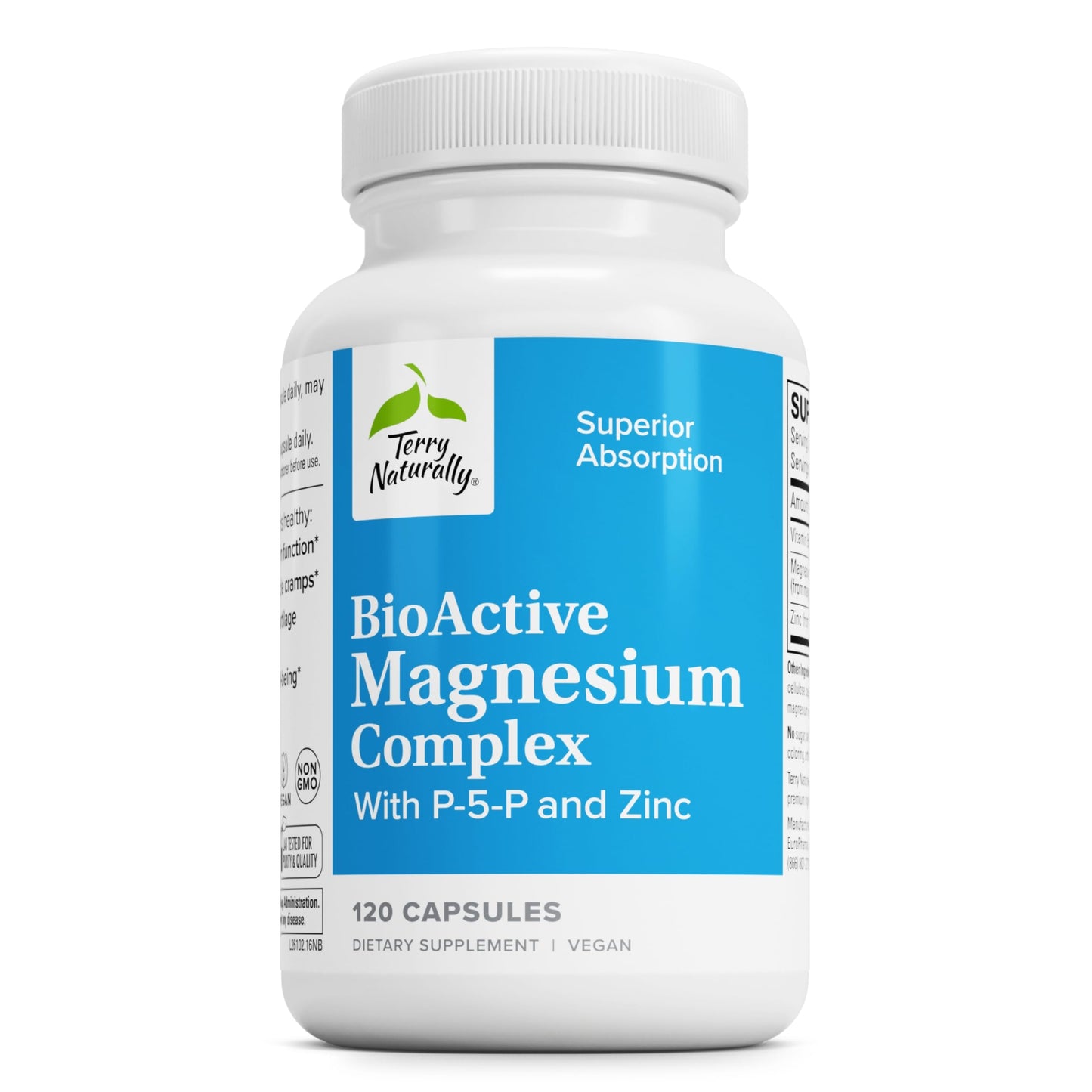 Supplement bottle labeled 'BioActive Magnesium Complex' with blue and white design on a white background