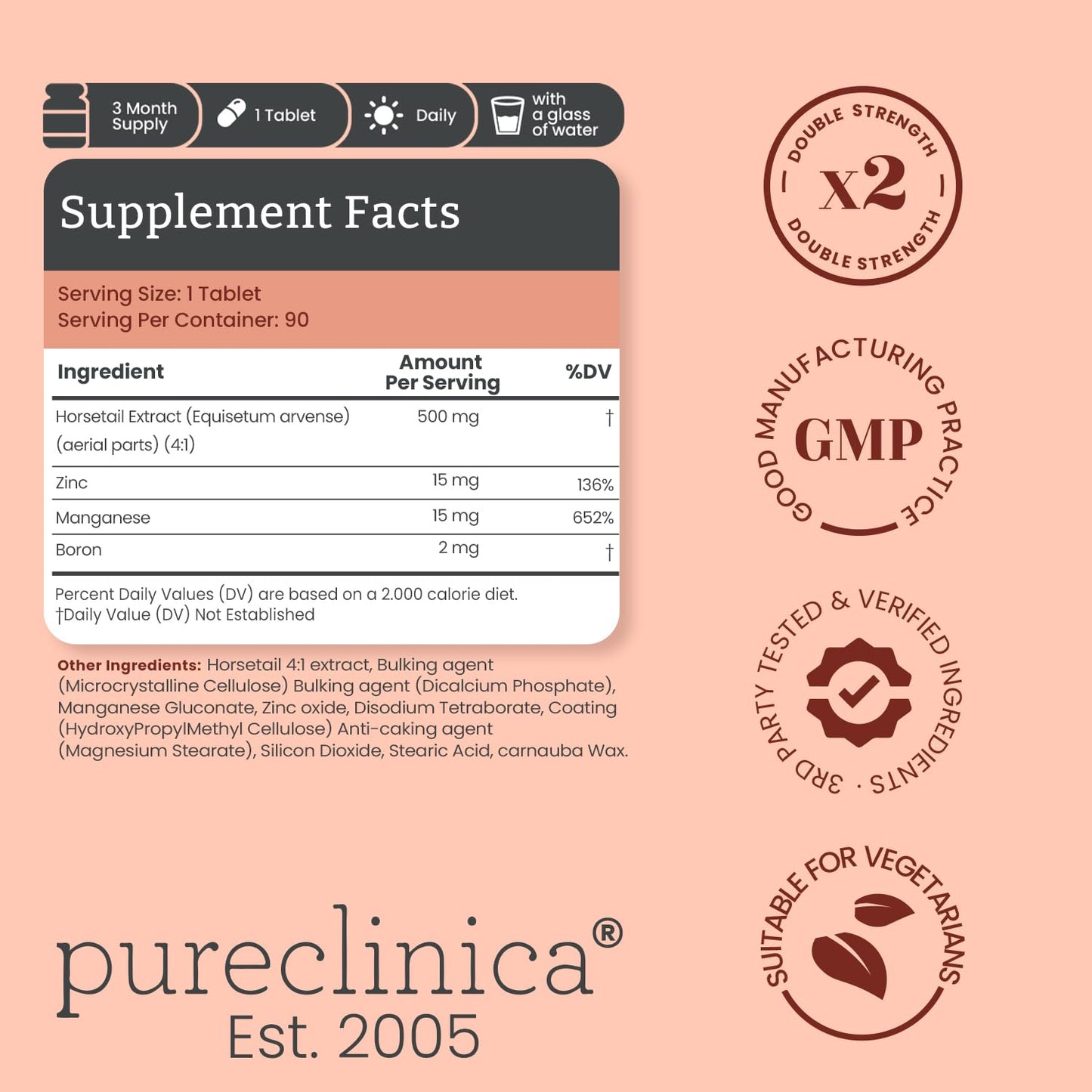 Double Strength Silica Complex – 500mg Horsetail Extract (4:1) per Tablet – 90 Tablets – 3 Month Supply – with Zinc, Manganese & Boron pureclinica buy supplements Au