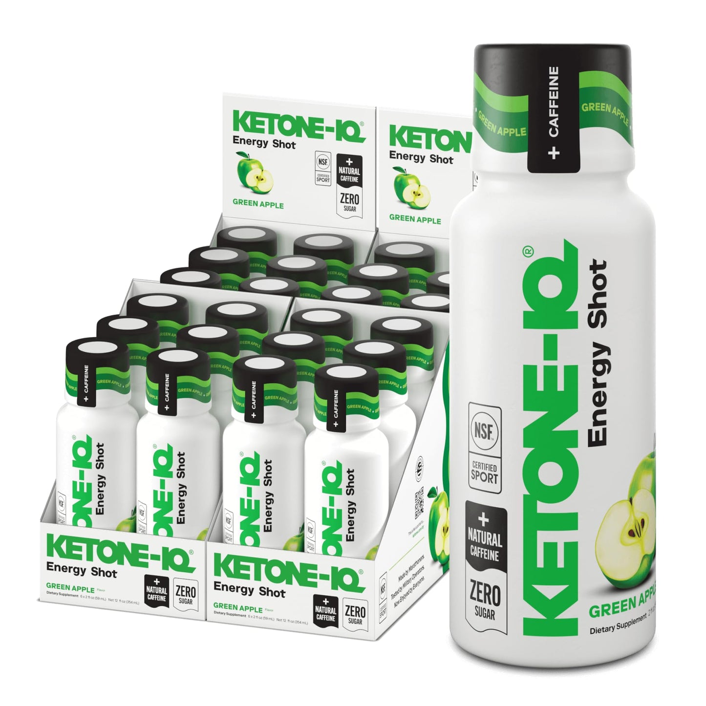Ketone IQ Energy Shot packaging including bottles and boxes on a white background