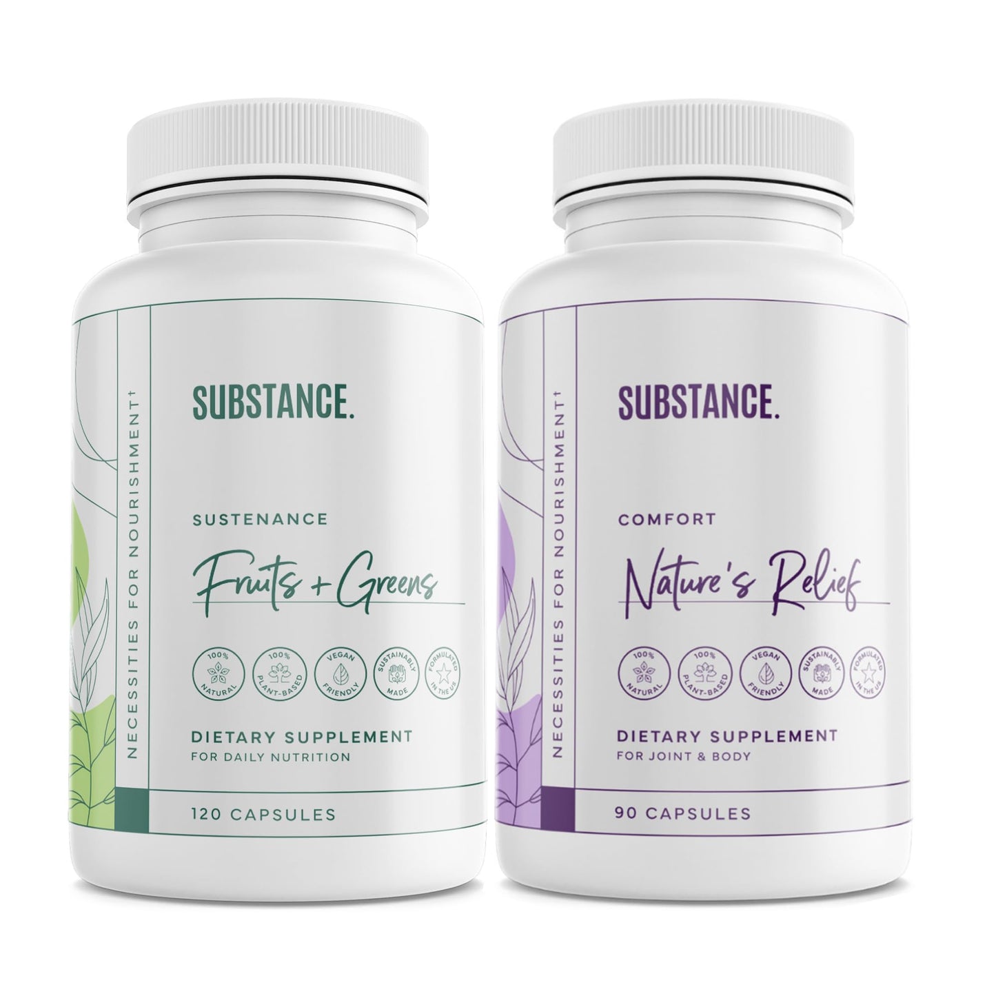Two dietary supplement bottles labeled 'Substance' on a white background