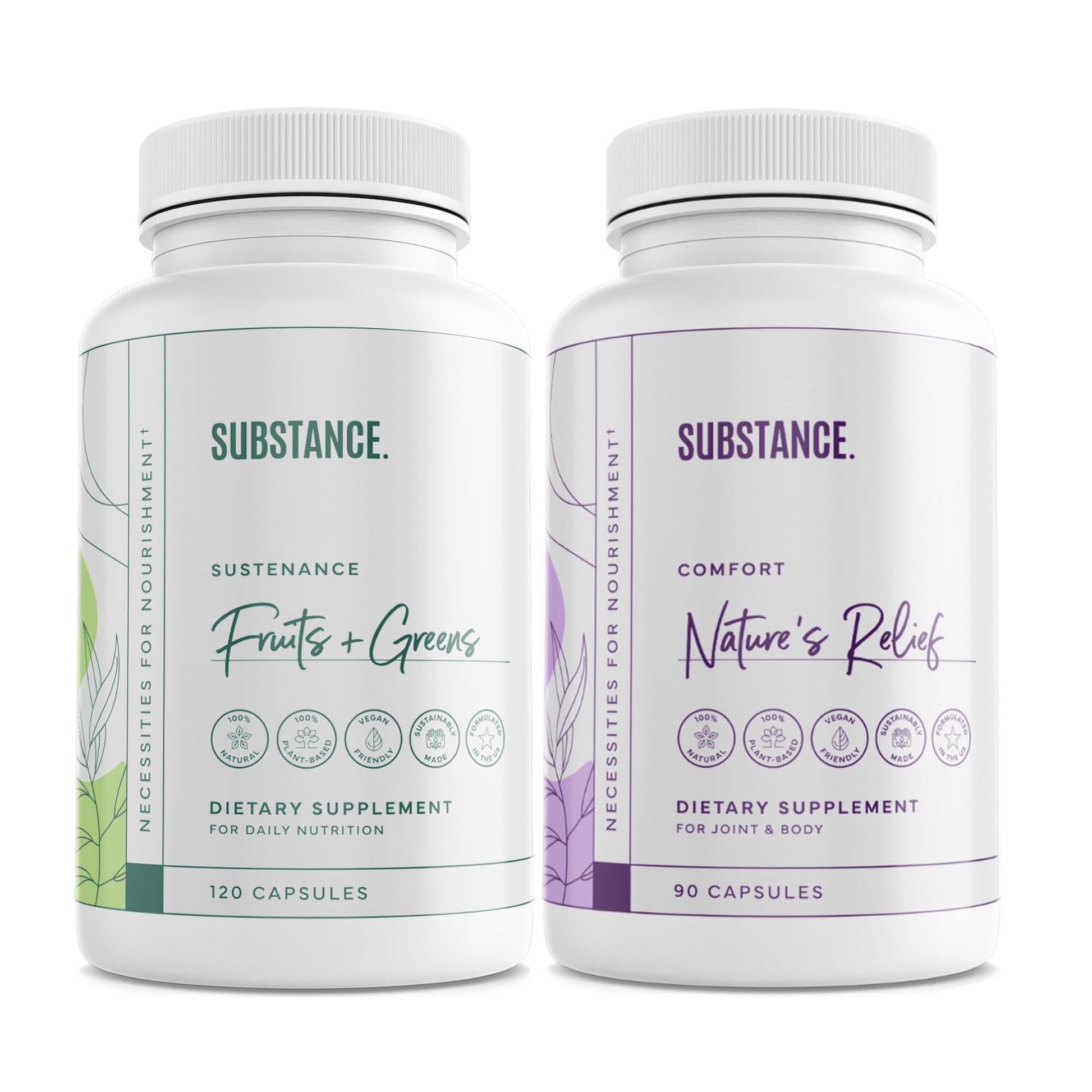 Two dietary supplement bottles labeled 'Substance' on a white background