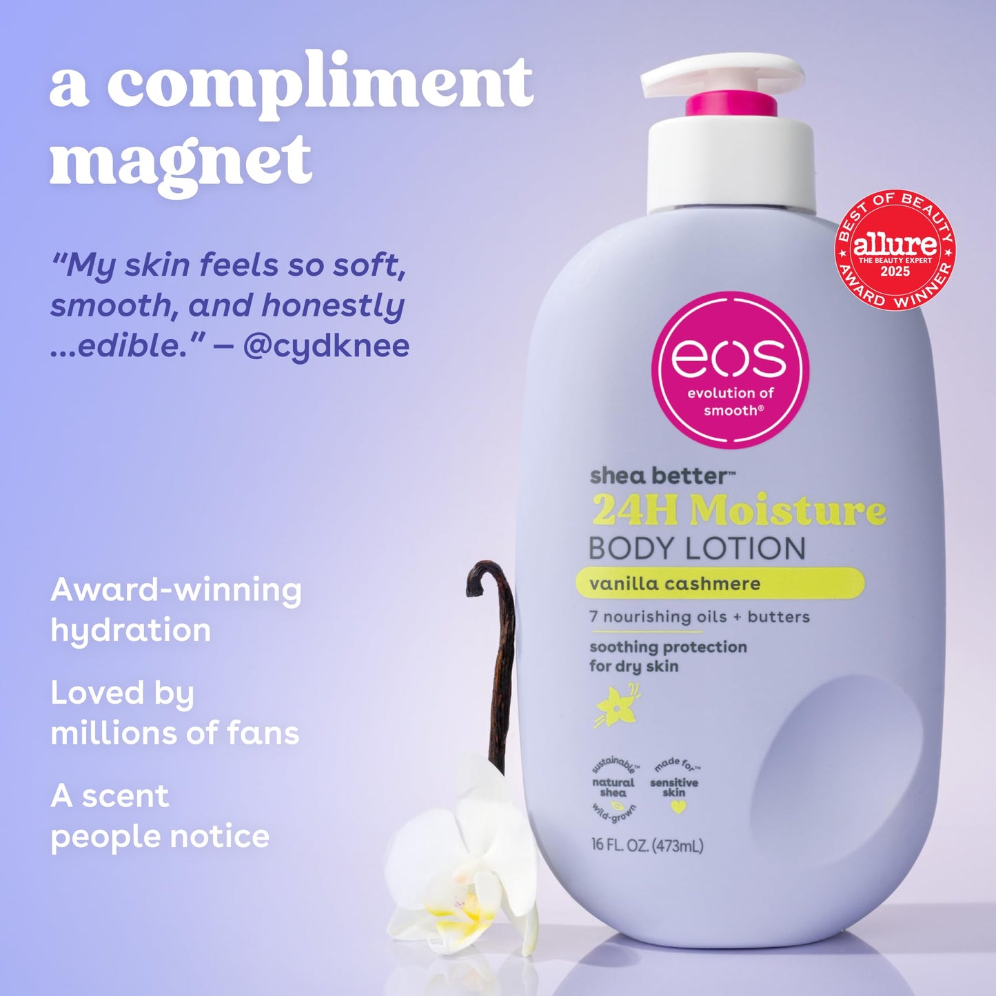 eos 24H Moisture Travel Body Lotion- Vanilla Cashmere, Travel Size Essential, Toiletries, Mini Body Lotion For Dry Skin, 2.5 fl oz