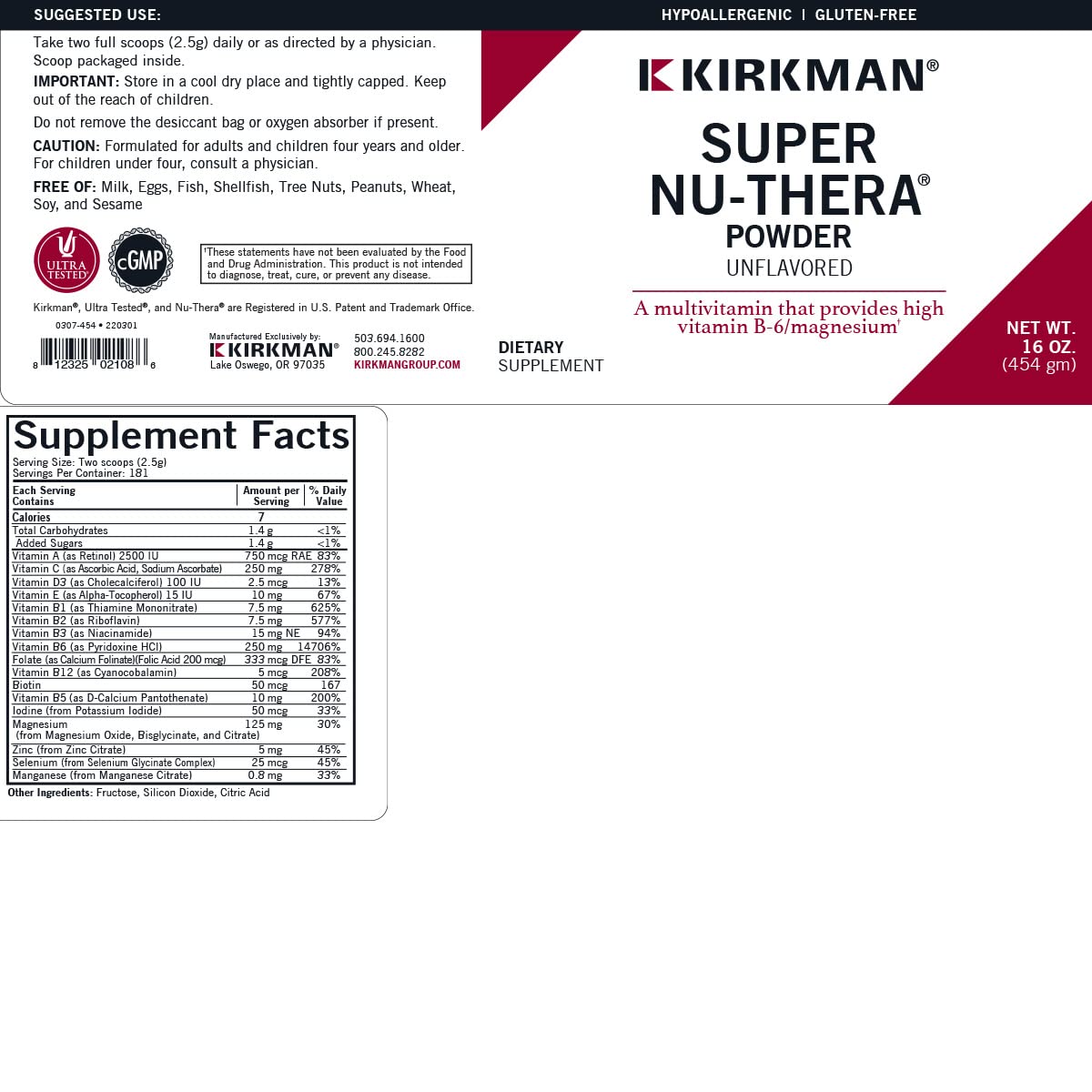 Super Nu-Thera Powder - Hypoallergenic - Unflavored - 16 Ounces Kirkman buy supplements Au