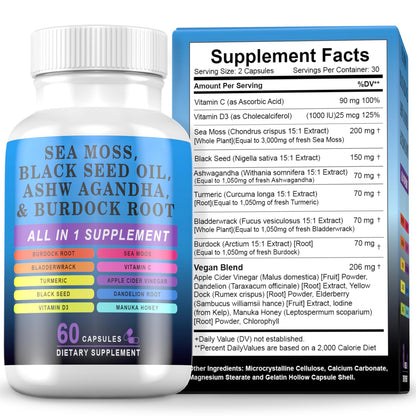 Supplement bottle and packaging with ingredients listed on a white background