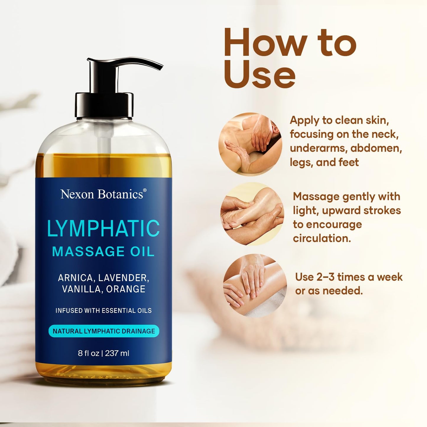 Lymphatic Drainage Massage Oil for Massage Therapy 8 fl oz - Refreshing and Relaxing - Natural Oils with Arnica, Vanilla and Lavender Oil - for Men and Women - Nexon Botanics Nexon Botanics buy supplements Au