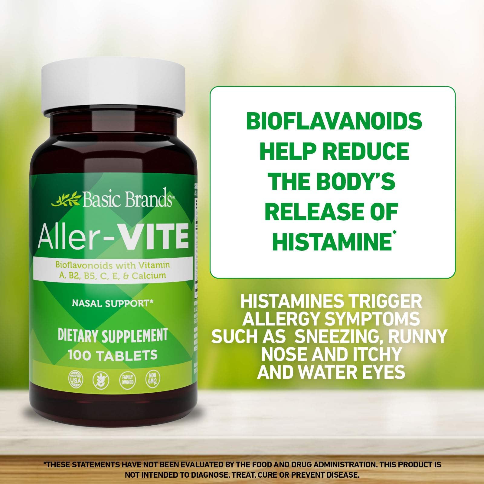 Basic Brands Aller Vite Nasal Support Tablets for Seasonal Allergy Relief, High Bioflavonoid Complex with Vitamins and Calcium, Gluten Free Daily Supplement, 100 Tablets Basic Brands buy supplements Au