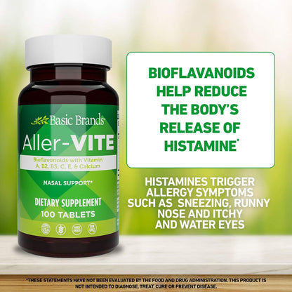 Basic Brands Aller Vite Nasal Support Tablets for Seasonal Allergy Relief, High Bioflavonoid Complex with Vitamins and Calcium, Gluten Free Daily Supplement, 100 Tablets Basic Brands buy supplements Au
