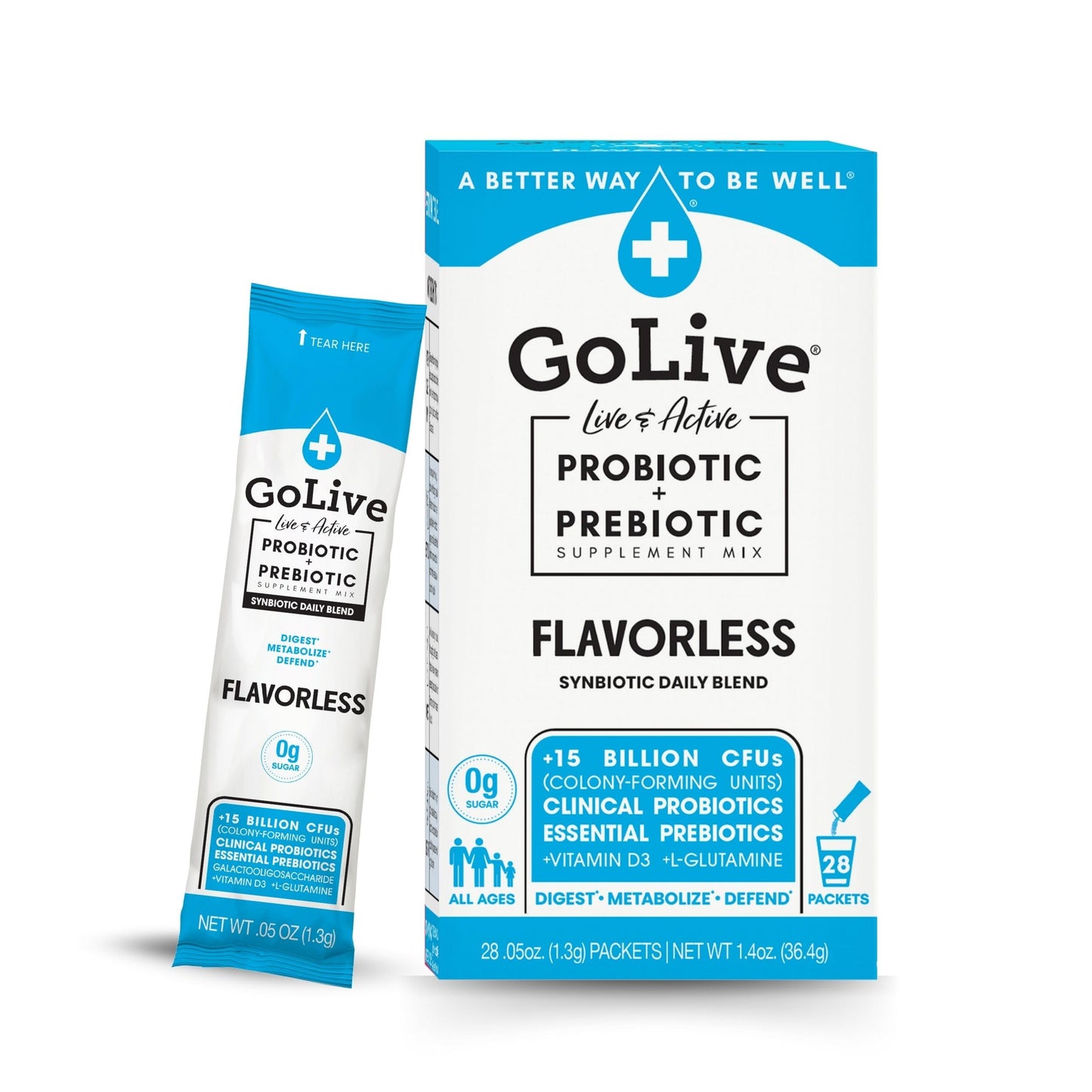 GoLive Prebiotic & Probiotic for Women, Men, Kids. Flavor-Free, Sugar-Free, Synbiotic Powder w/ GOS, L-Glutamine, Vitamin D3, Electrolytes. For Gut Health, Digestion, Metabolism, Immunity 15-50B CFUs. GoLive buy supplements Au