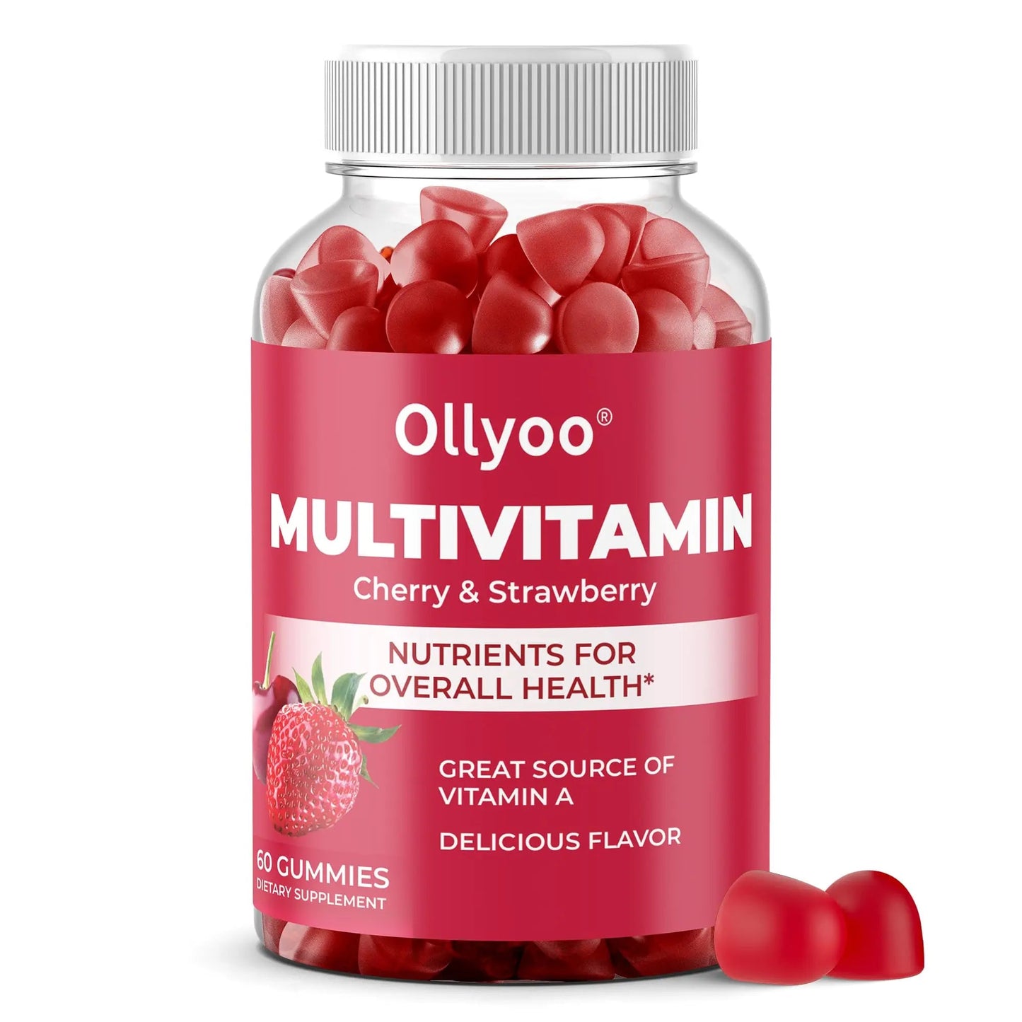 Ollyoo Multivitamin Gummies for Adults | Cherry & Strawberry Flavor | Great Source of Vitamin A & Essential Nutrients | Ollyoo