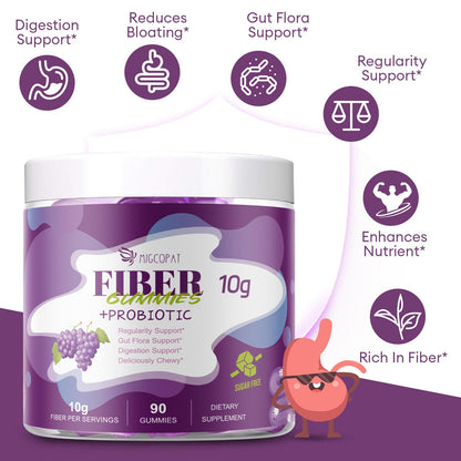 Migcopat 10G Fiber Gummies with 30 Billion CFU Probiotics, Grape Flavor, Bloating Support, Fiber Supplement with Vitamin C,