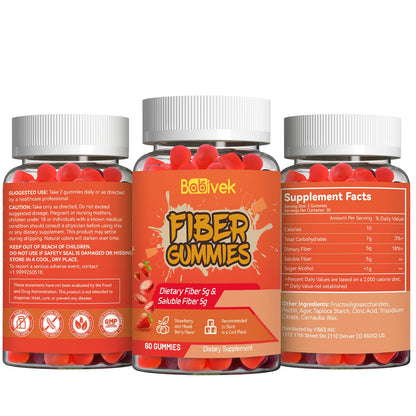 Babivek Fiber Gummies for Women and Men – Dietary Fiber, Gut Health Support, Vegan, Non-GMO, Non-Gluten, Mixed Berry & Strawberry Flavors, 60 Count(Pack of 2)