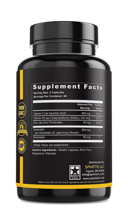 Zinc Quercetin 500mg with Vitamin C Vitamin D3 Bromelain Immune Support High Potency Quercetin Zinc Supplement ZQV by SPARTIS (Pack of 1 Bottle at 120-Caps)