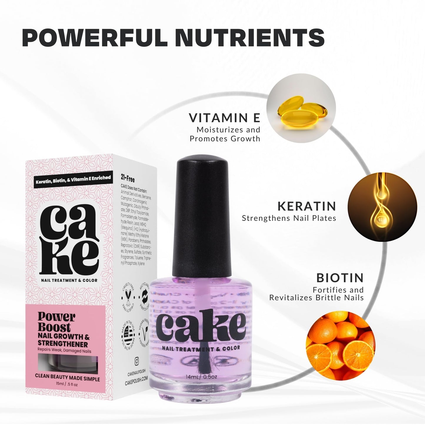 Nail Strengthener Power Boost Growth Formula, Keratin, Biotin, & Vitamin E, 21- Free, Repairs Damaged Nails, Stops Peeling & Chipping, Use as Clear Base Coat