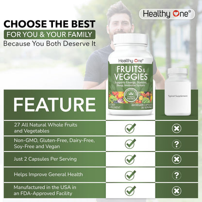 Fruits & Veggies Formula - 27 Premium Whole Foods - Organic Ingredients - Equals 3 Servings of Fruits & Vegetables - Improve Energy, Focus & Immune Function - Fiber - Antioxidants - 120ct (60 Serv) Healthy One buy supplements Au