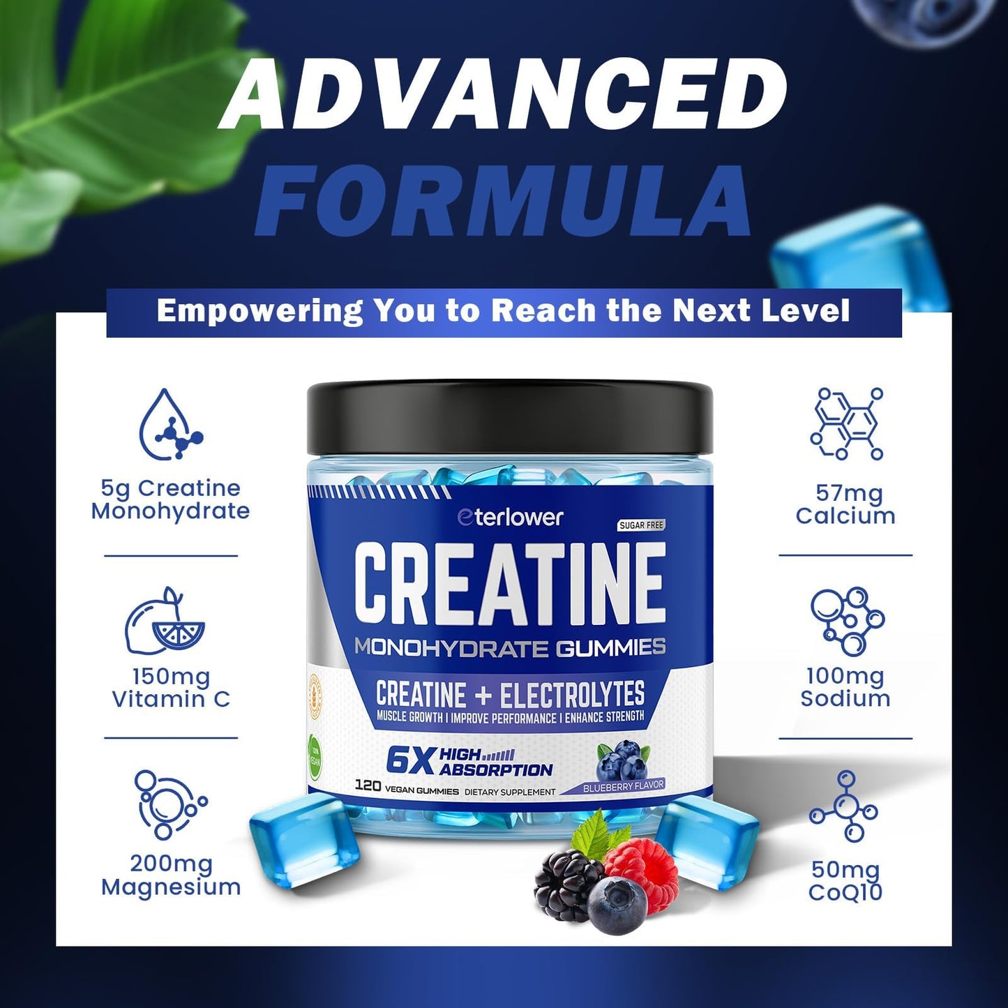 eterlower Creatine Monohydrate Gummies 5g – Pre-Workout Energy & Muscle Growth Support for Men & Women | Blueberry Electrolyte Gummies, 120 Count