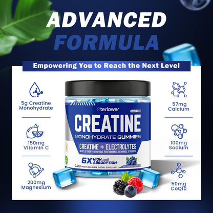 eterlower Creatine Monohydrate Gummies 5g – Pre-Workout Energy & Muscle Growth Support for Men & Women | Blueberry Electrolyte Gummies, 120 Count
