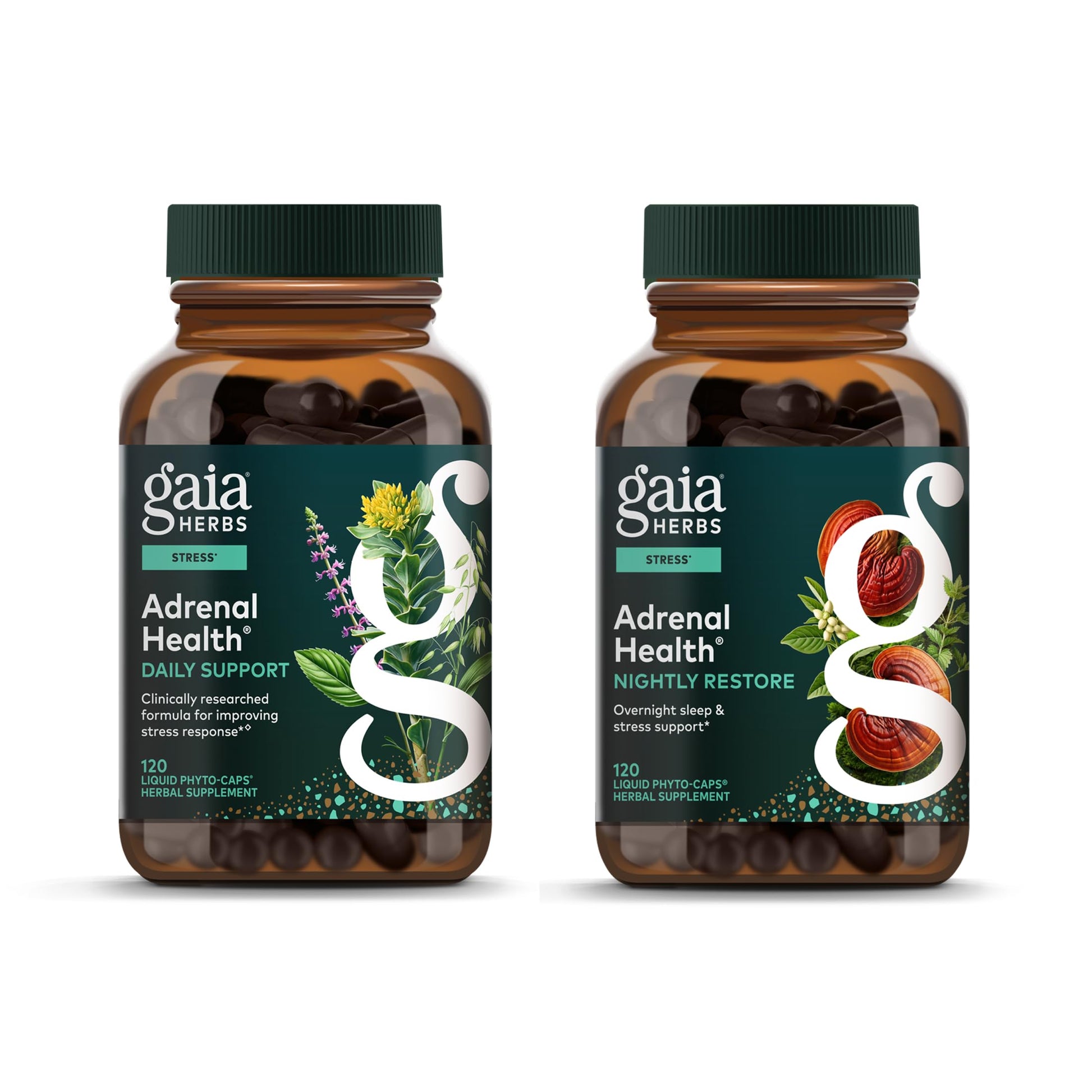 Two bottles of Gaia Herbs Adrenal Health supplements on a white background