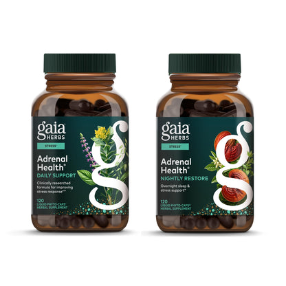 Two bottles of Gaia Herbs Adrenal Health supplements on a white background