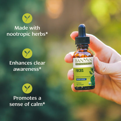 Banyan Botanicals Focus Liquid Extract – Organic Focus Supplement – Liquid Extract in Non-Alcoholic Glycerin – Nootropic Herbs for Fast-Acting Support* – 1 oz. – Non-GMO Sustainably Sourced Vegan Banyan BotanicalsBuy Supplements Australia