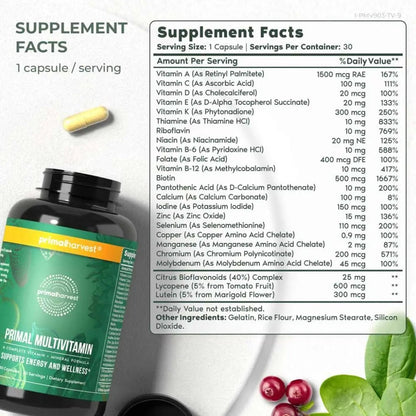 Primal Harvest Primal Multivitamin - Daily Multi-Vitamin Supplement with 21 Essential Vitamins & Minerals for Women & Men - Vitamin A, C, D, E, B12, B6, Biotin Primal Harvest