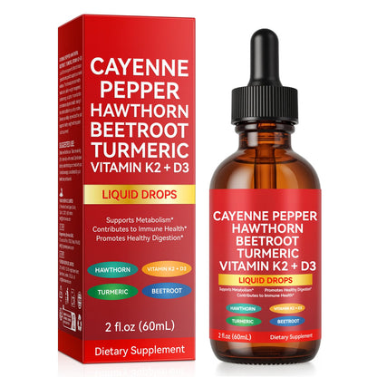 Cayenne Pepper Hawthorn Beetroot Turmeric Vitamin K2+D3 liquid drops with packaging on a white background